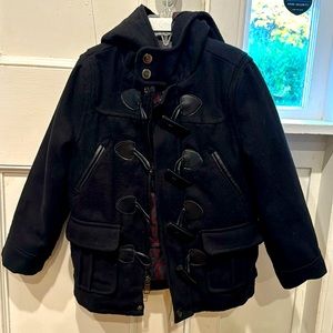 Very good condition boys size 5/6 toggle button zip-up dress coat w/ hood BLK